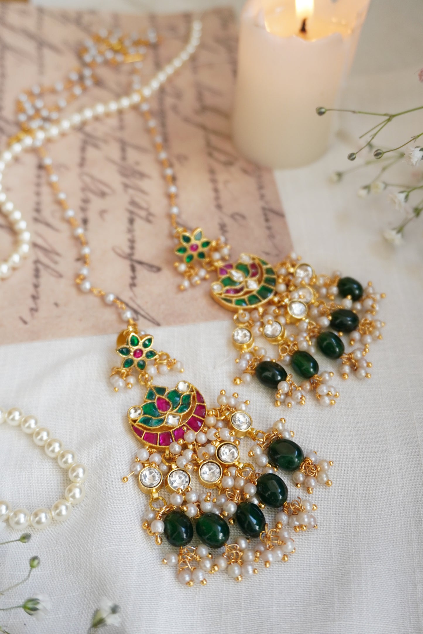 Raha Red- Green Kundan Earrings