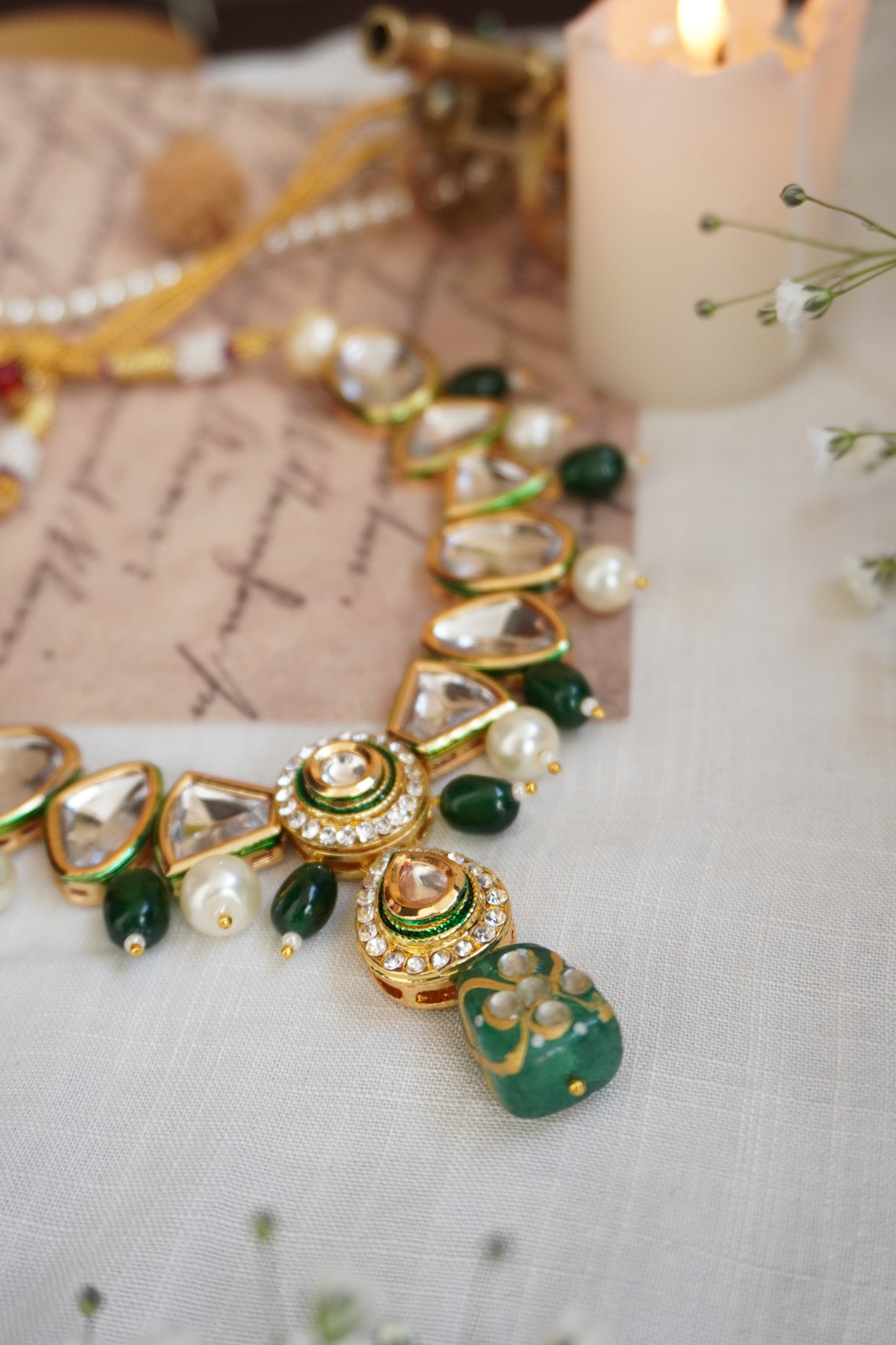 Kiara Green Kundan and Polki Necklace