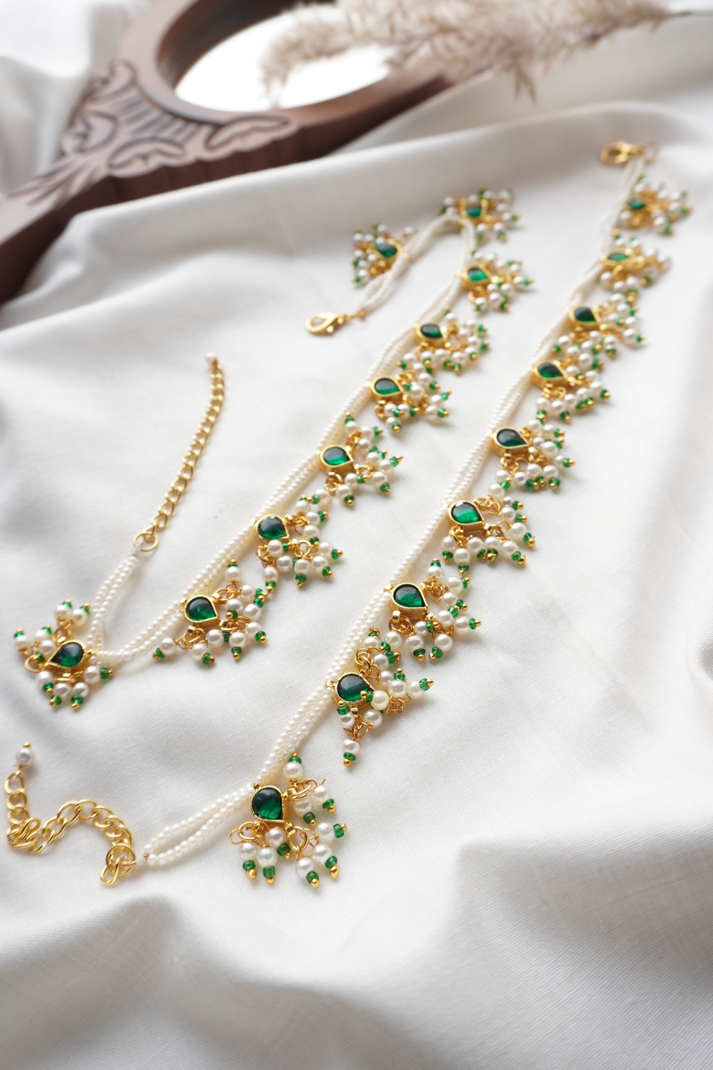 Shaheen Green Kundan and Pearls Anklets