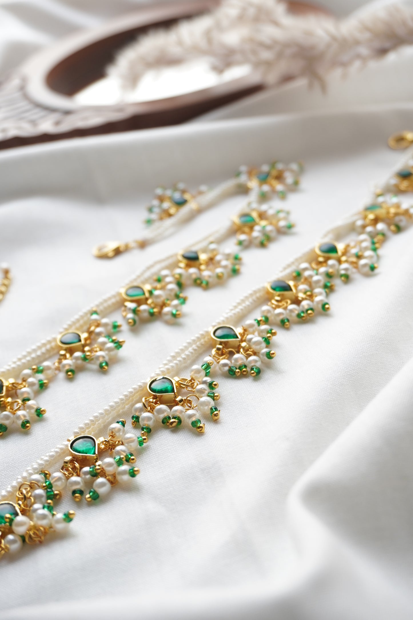 Shaheen Green Kundan and Pearls Anklets
