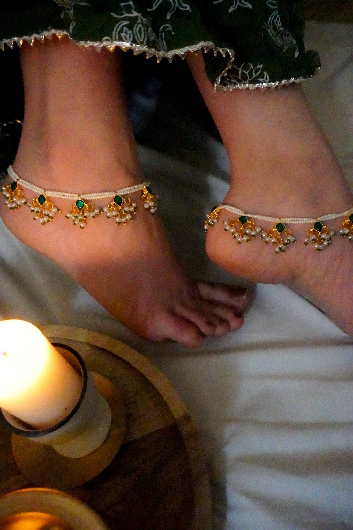 Shaheen Green Kundan and Pearls Anklets