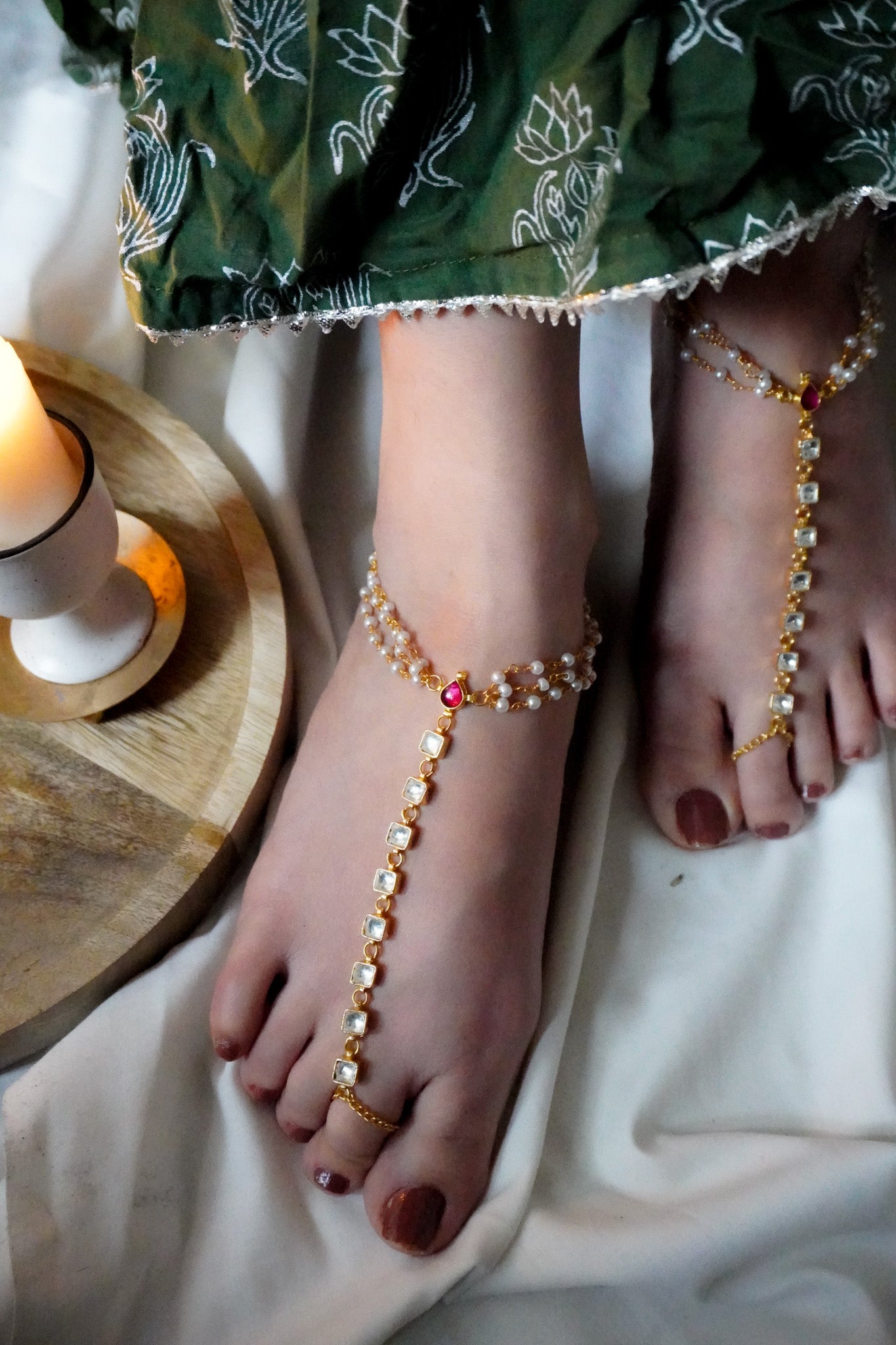 Heer Kundan and Pearls Anklets