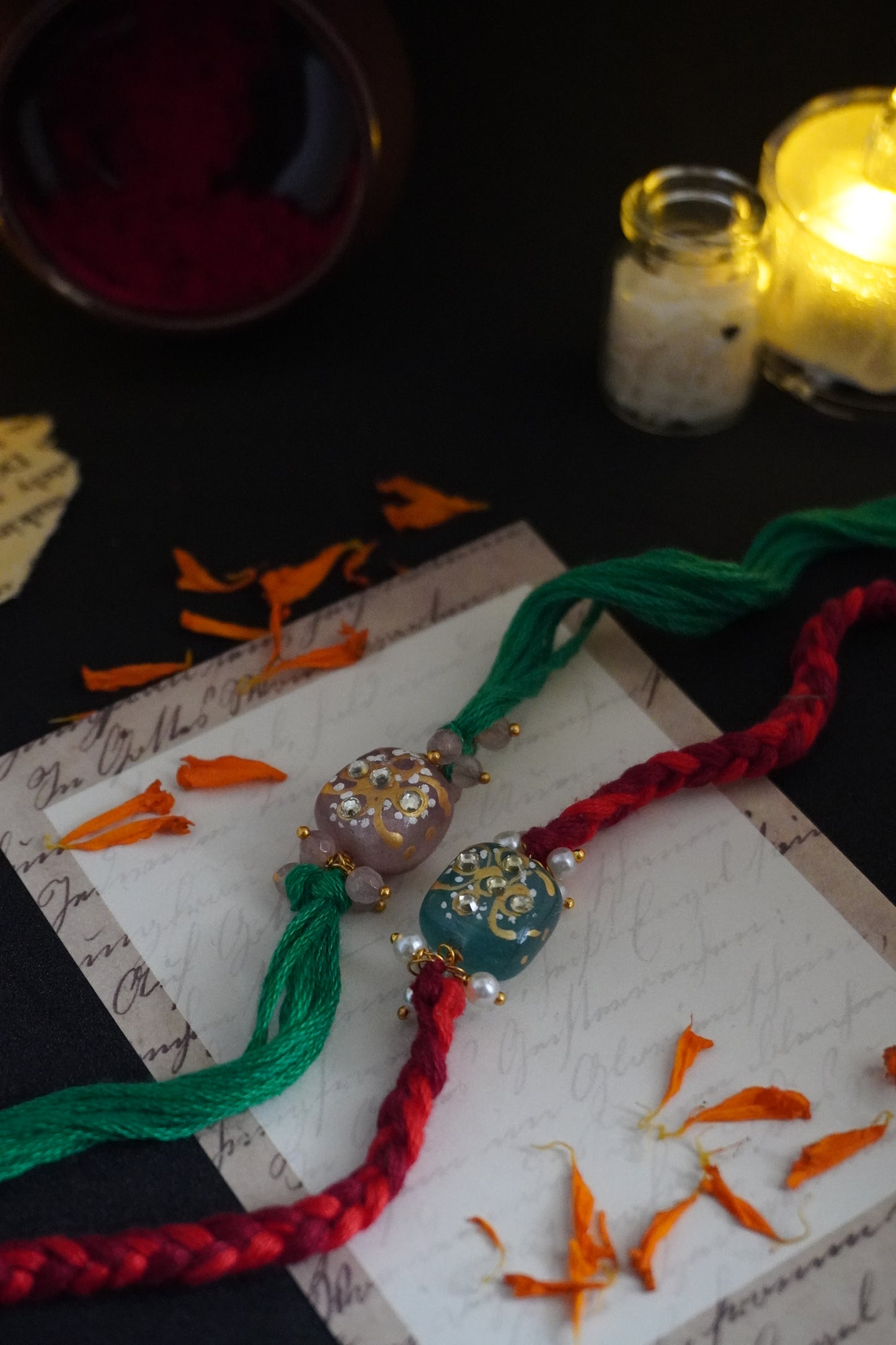 Kavya Red and Green Rakhi Set