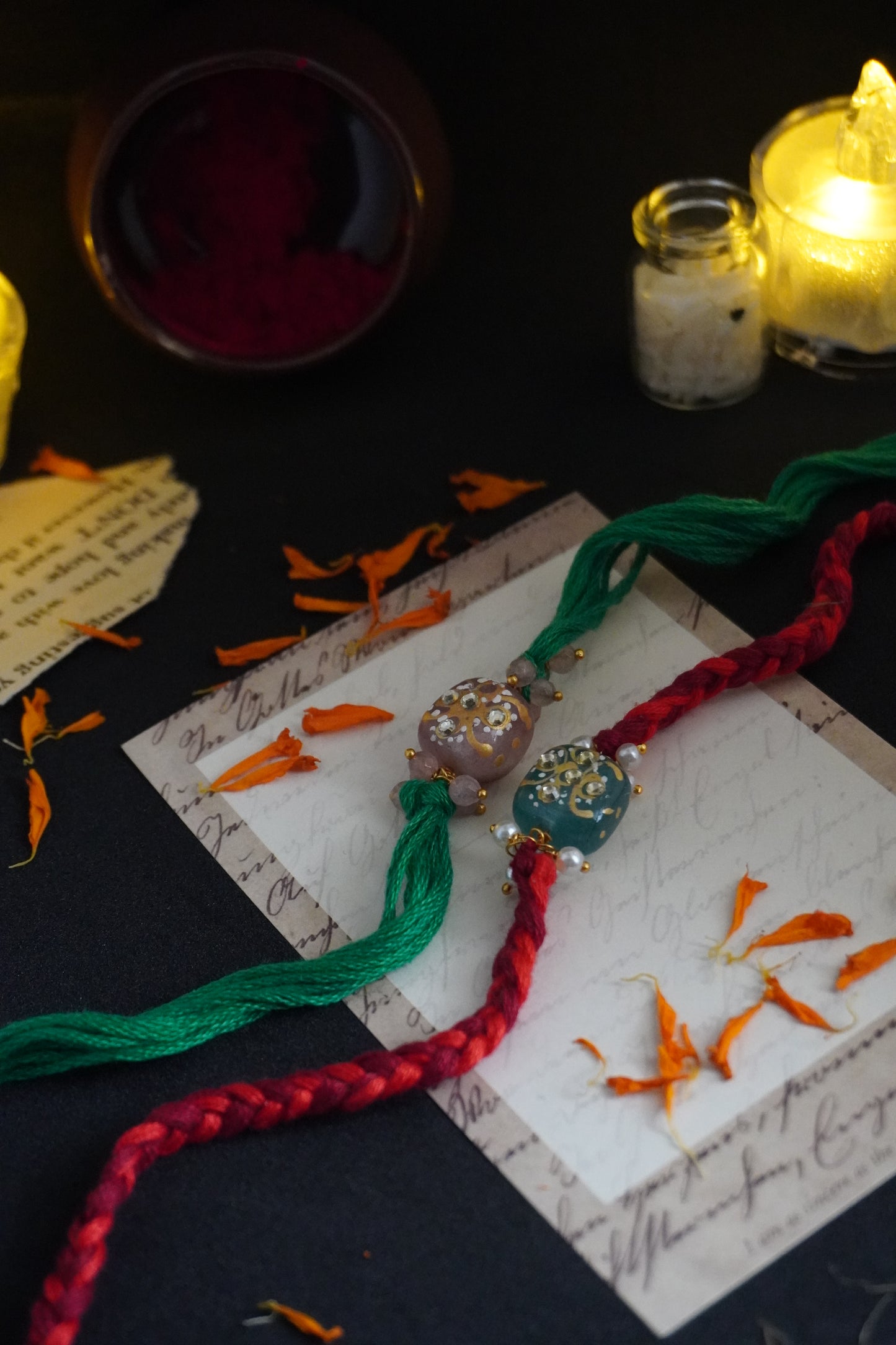 Kavya Red and Green Rakhi Set