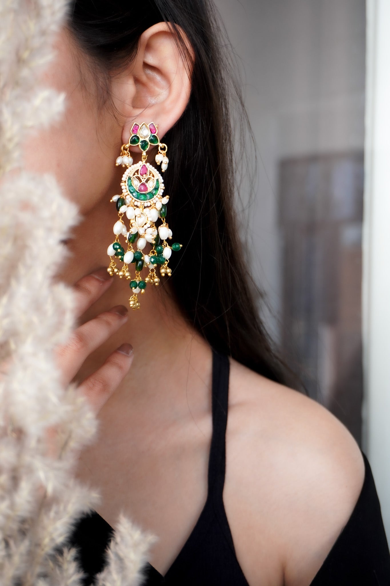 Anvika Pink and Green Kundan Earrings