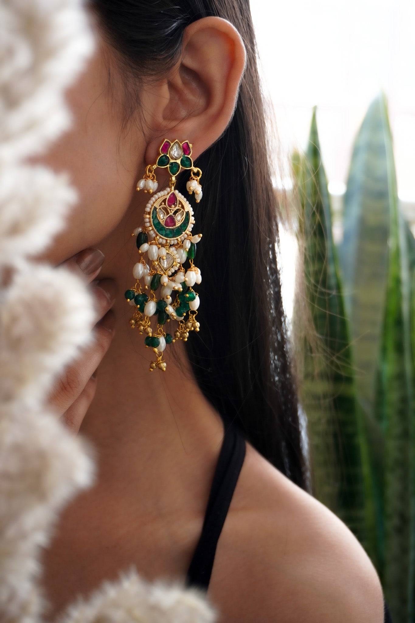 Anvika Pink and Green Kundan Earrings