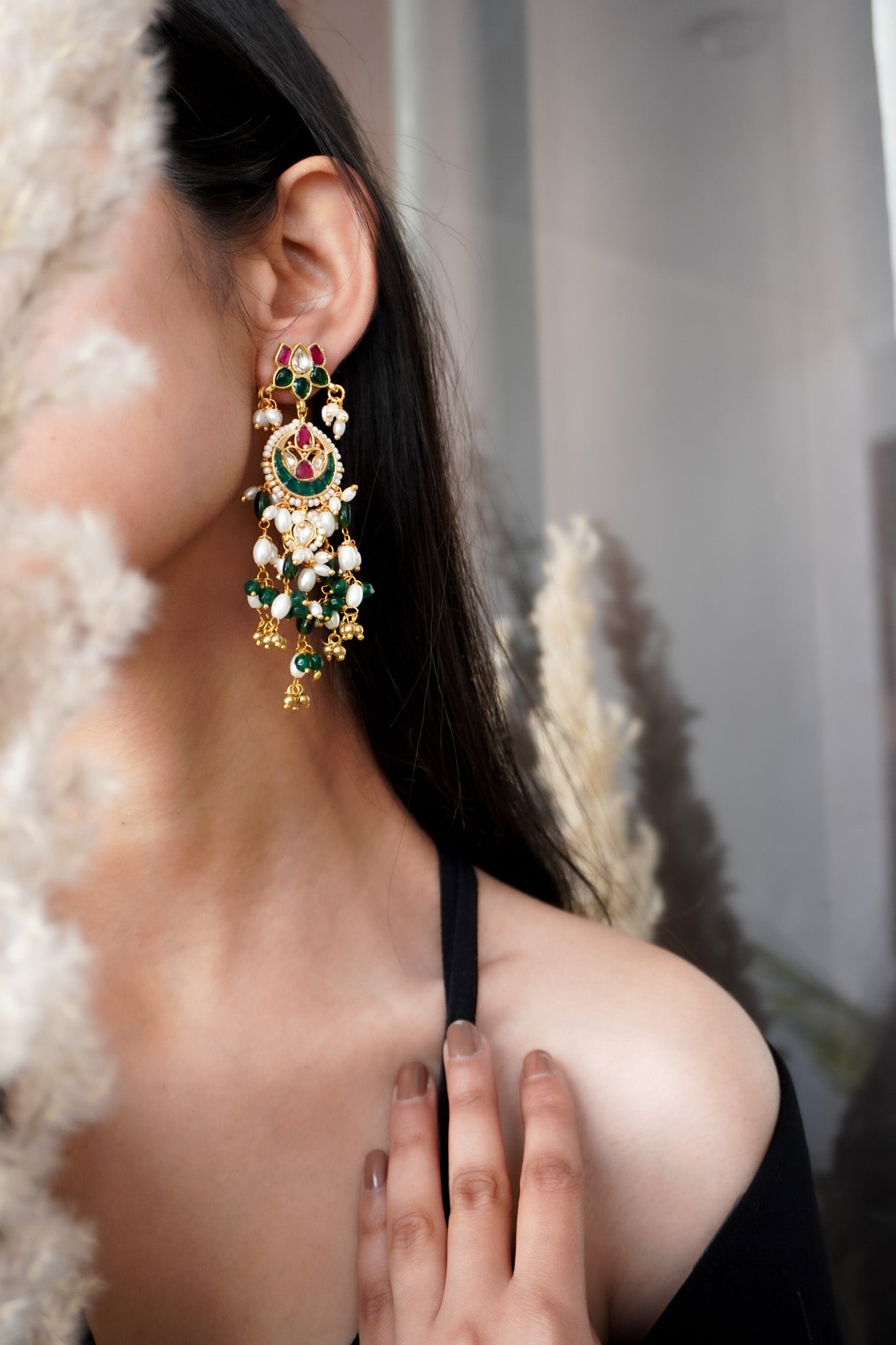 Anvika Pink and Green Kundan Earrings