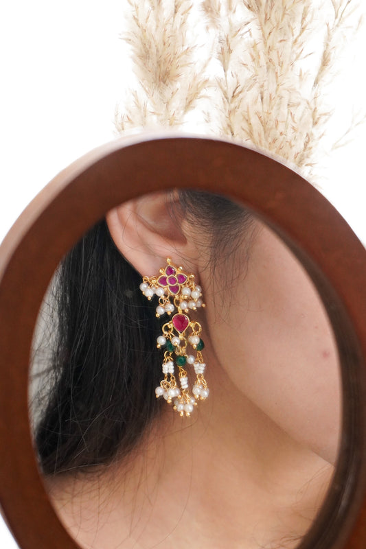 Ashvi Pink - Green Kundan Earrings