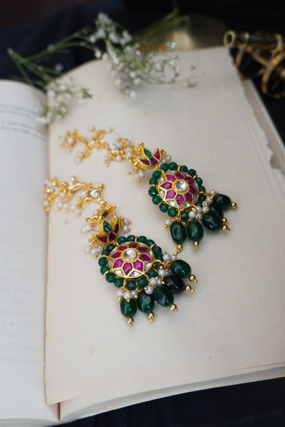 Bhavya Pink-Green Kundan Earrings