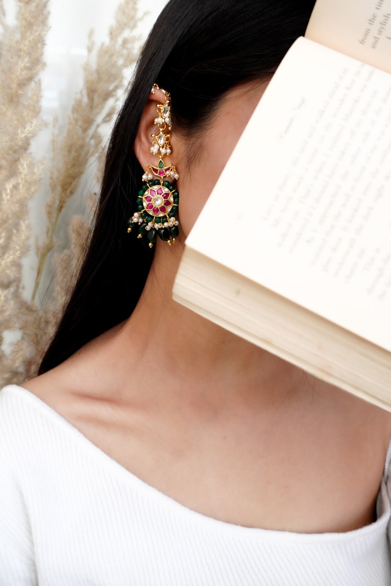 Bhavya Pink-Green Kundan Earrings