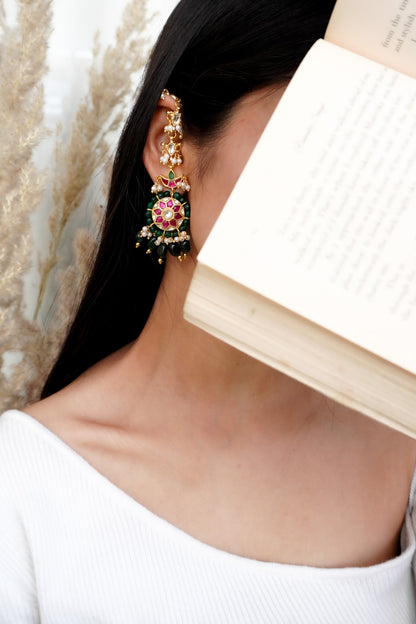 Bhavya Pink-Green Kundan Earrings