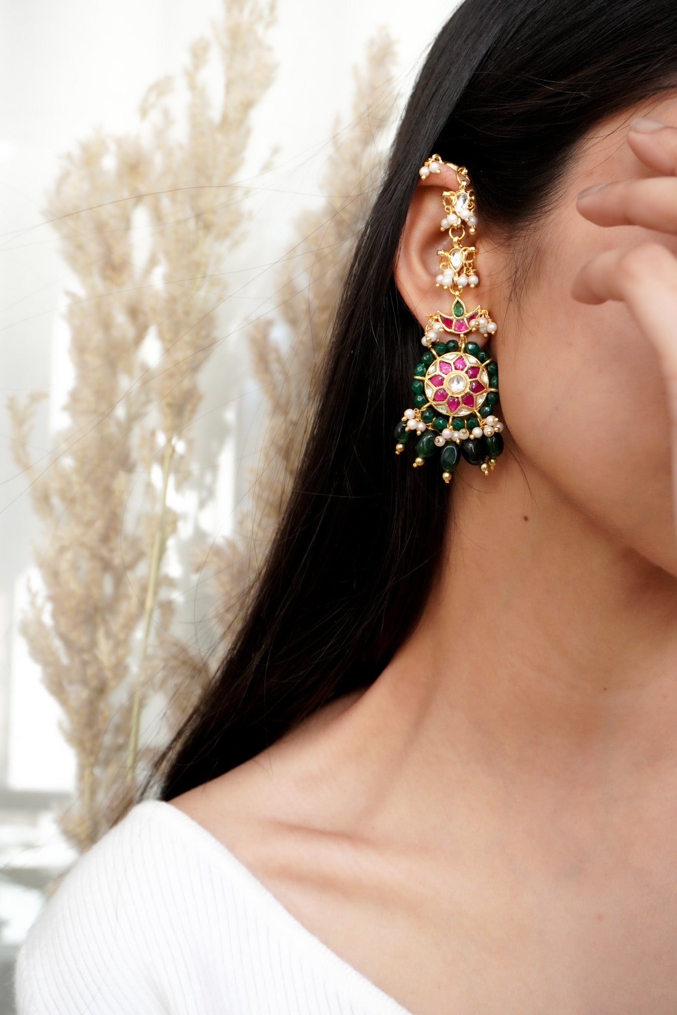 Bhavya Pink-Green Kundan Earrings
