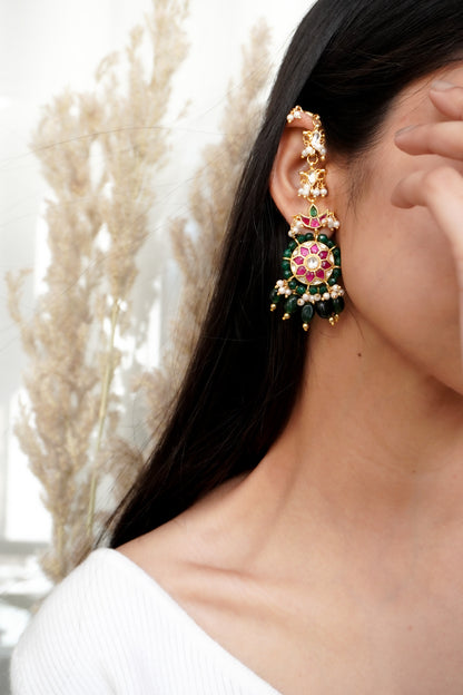 Bhavya Pink-Green Kundan Earrings