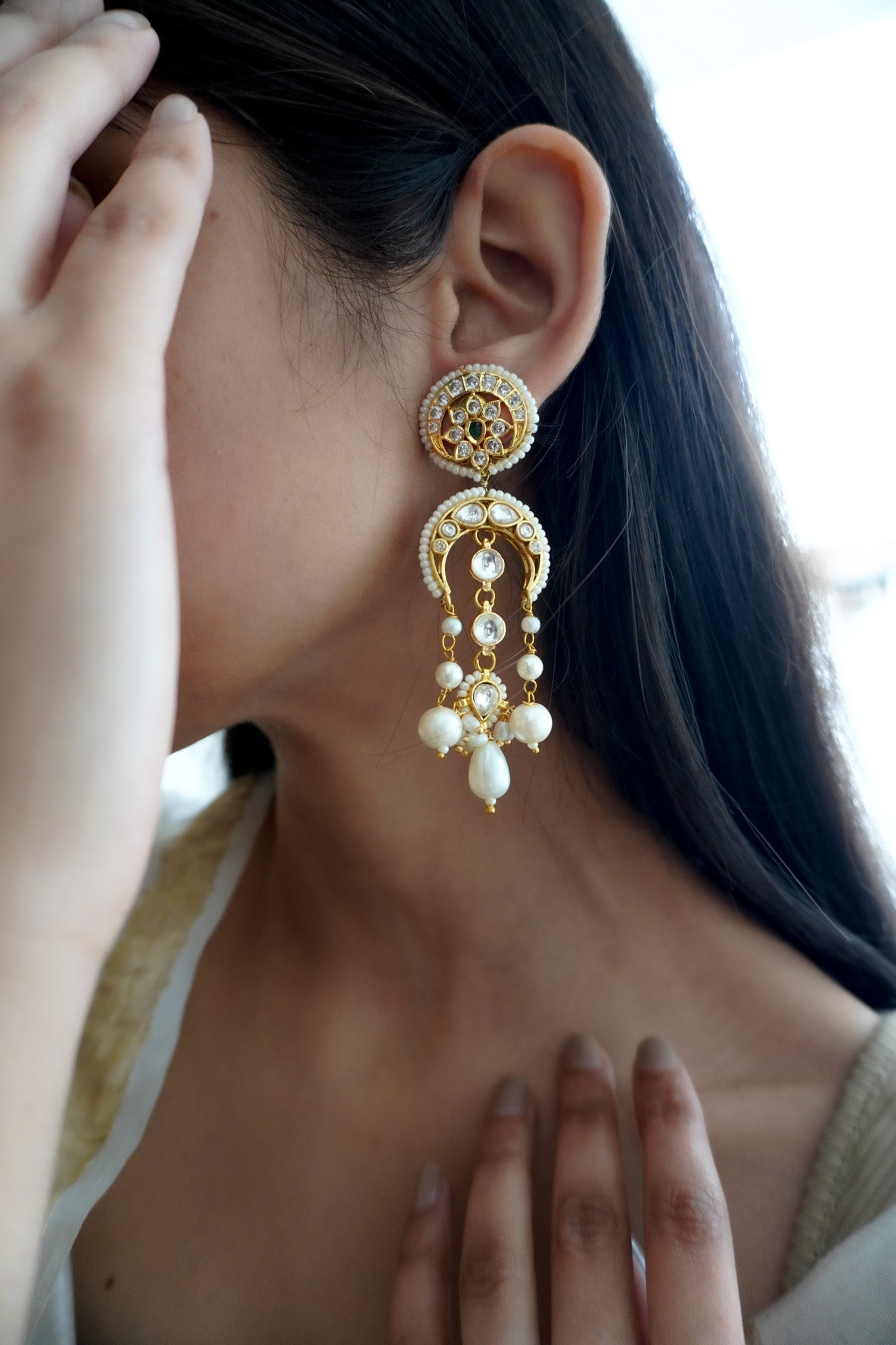 Crescent Pearls and Kundan Earrings