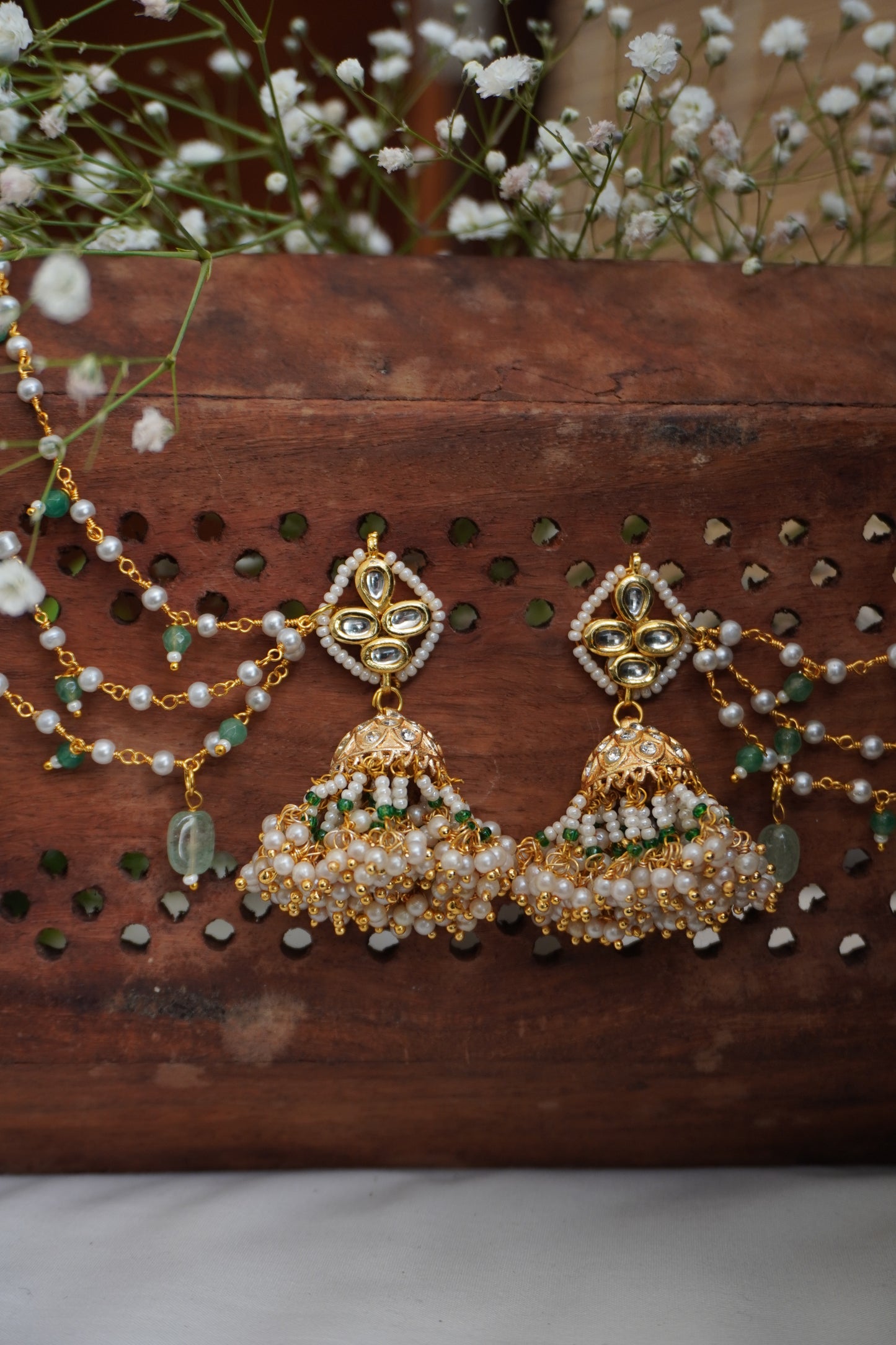 Zainit Mint Kundan Jhumka Earrings
