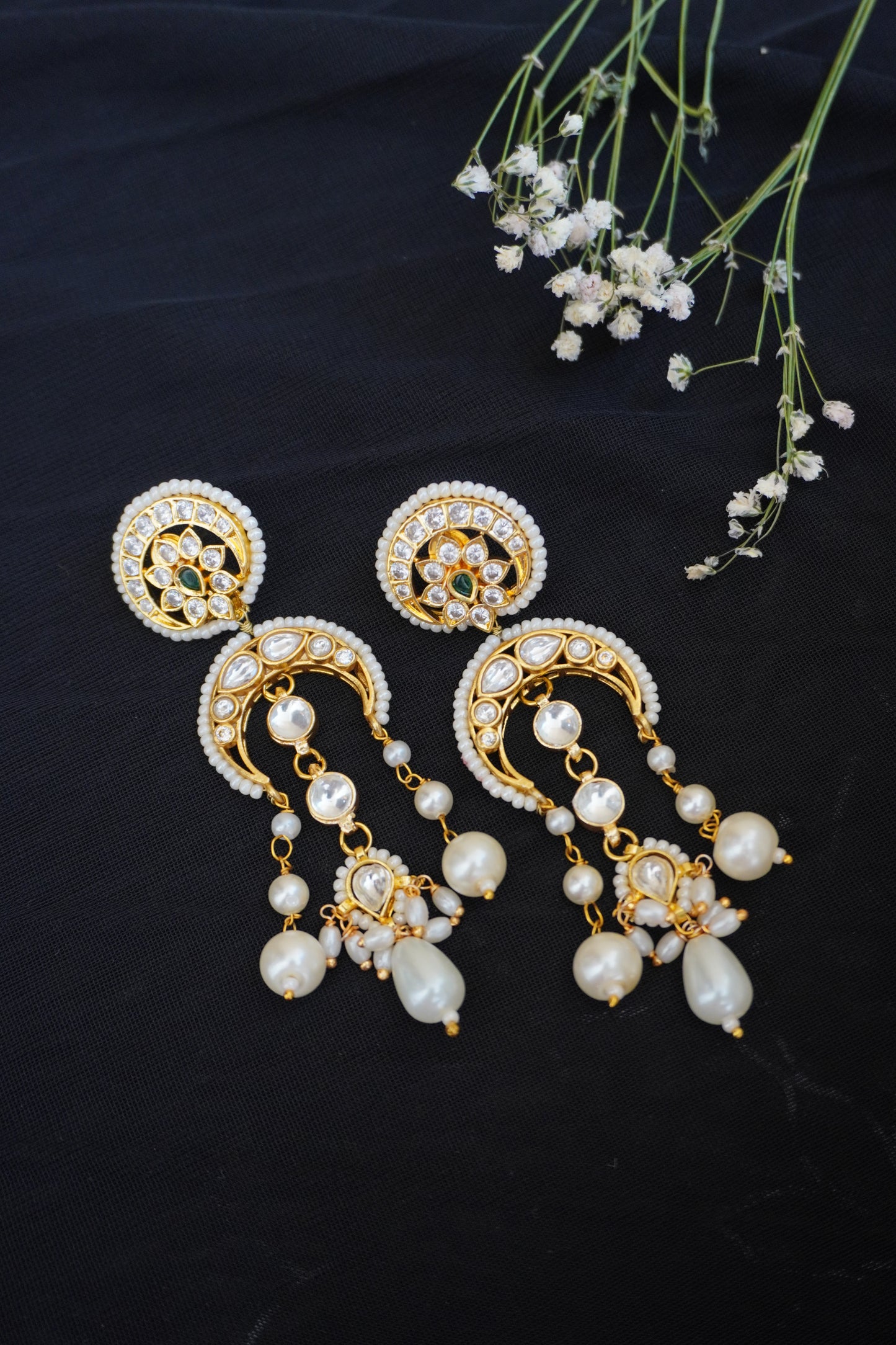Crescent Pearls and Kundan Earrings