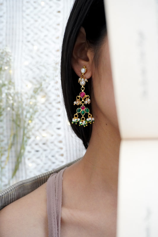 Jivika Pink-Green Kundan Earrings